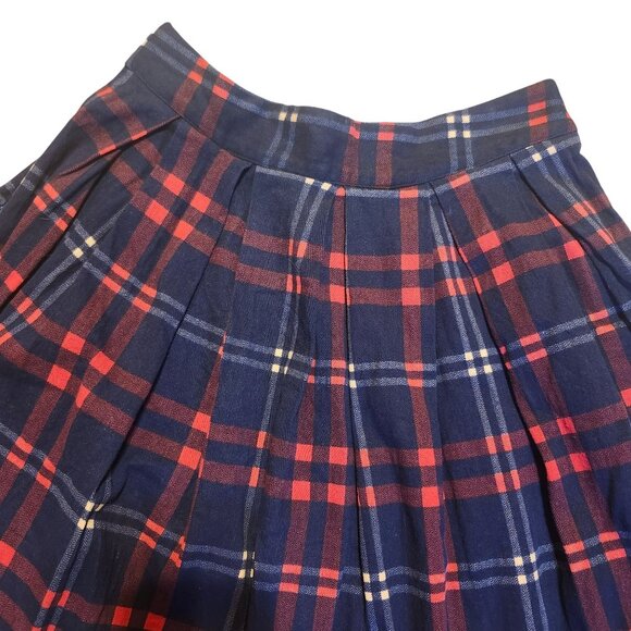 Vintage Handmade Women's Size Small Red/Navy Tartan Plaid Pleated Skirt Side Zip - Picture 2 of 6